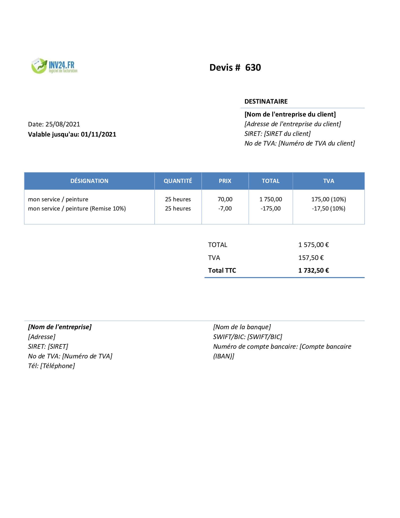obtenez votre devis word gratuit en quelques clics. personnalisez facilement vos documents professionnels grâce à notre modèle prêt à l'emploi, idéal pour toutes vos prestations.
