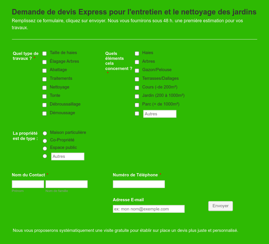 obtenez un devis jardinage gratuit et personnalisé pour vos projets d'aménagement extérieur. profitez de l'expertise de professionnels pour transformer votre jardin en un espace de rêve, sans engagement.